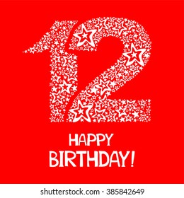 Happy Birthday. Celebration red background with number twelve, firework and place for your text. Vector illustration