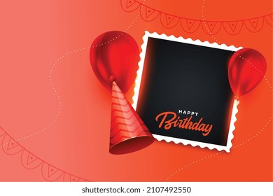 happy birthday celebration red theme card with photo frame and cap