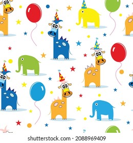Happy Birthday. Celebration seamless pattern with giraffes and fabulous cartoon dinosaurs and air balloons. Vector image. 