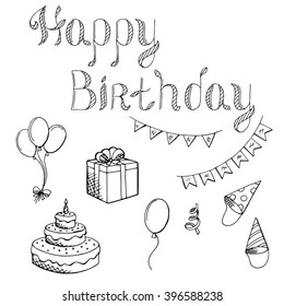 Happy birthday celebration set graphic art black white isolated illustration vector