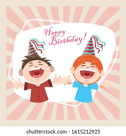 happy birthday celebration smiling boys with party hats vector illustration