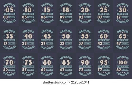 Feliz Día de Aniversario Diseño de paquete de tipografía. Paquete de diseño de citas de cumpleaños retro vintage. Conjunto de diseños de citas de 5, 10, 15, 20, 25, 30, 35, 40, 50, 55, 60, 100 cumpleaños