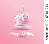 Happy Birthday celebration typography design with 3d birthday cake for greeting card, poster or banner. Vector illustration