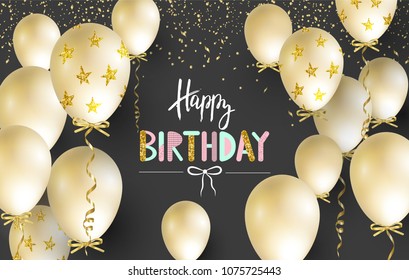 Happy Birthday celebration typography design for greeting card, poster or banner with realistic golden balloons and falling confetti. Vector illustration