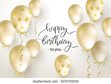 Happy Birthday celebration typography design for greeting card, poster or banner with realistic golden balloons. Vector illustration