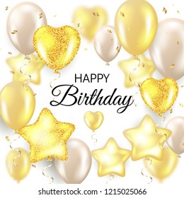 Happy Birthday celebration typography design for greeting card, poster or banner with realistic golden balloons and falling confetti on white background. Vector illustration