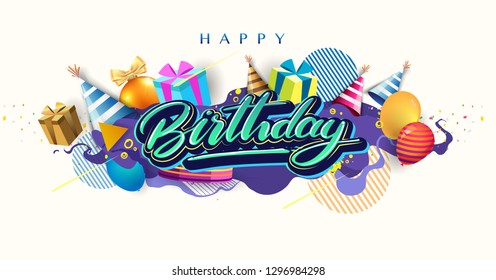 Happy Birthday celebration typography design for greeting card for greeting cards and poster with balloon, confetti and gift box, with geometric background, design template for birthday celebration.