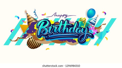 Happy Birthday celebration typography design for greeting card for greeting cards and poster with balloon, confetti and gift box, with geometric background, design template for birthday celebration.