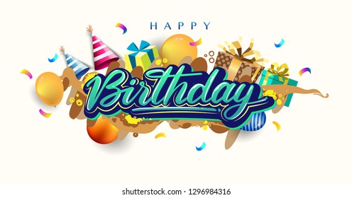 Happy Birthday celebration typography design for greeting card for greeting cards and poster with balloon, confetti and gift box, with geometric background, design template for birthday celebration.