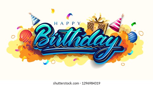 Happy Birthday celebration typography design for greeting card for greeting cards and poster with balloon, confetti and gift box, with geometric background, design template for birthday celebration.
