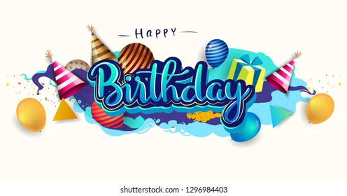 Happy Birthday celebration typography design for greeting card for greeting cards and poster with balloon, confetti and gift box, with geometric background, design template for birthday celebration.
