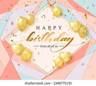 Happy Birthday Celebration Typography Design For Greeting Card, Poster Or Banner With Realistic Golden Balloons And Falling Confetti. Vector Illustration