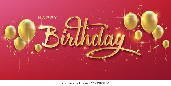 Happy Birthday celebration typography design for greeting card, poster or banner with realistic golden balloons and falling confetti. Vector illustration - Vector
