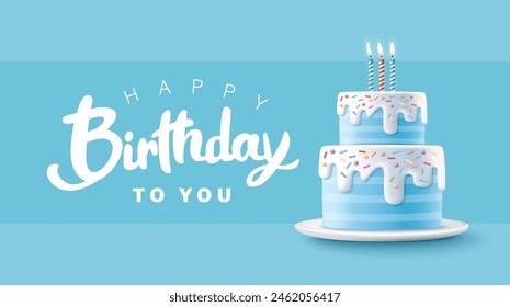 Happy Birthday celebration typography design with 3d birthday cake for greeting card, poster or banner. Vector illustration