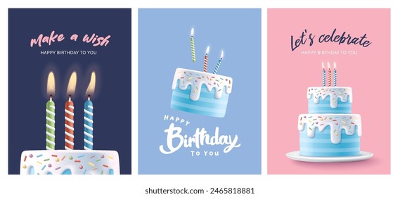 Happy Birthday celebration typography design with 3d birthday cake for greeting card, poster or banner. Vector illustration