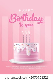 Happy Birthday celebration typography design with 3d birthday cake for greeting card, poster or banner. Vector illustration