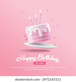 Happy Birthday celebration typography design with 3d birthday cake for greeting card, poster or banner. Vector illustration