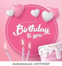 Happy Birthday celebration typography design with 3d birthday cake for greeting card, poster or banner. Vector illustration