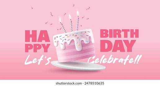 Happy Birthday celebration typography design with 3d birthday cake for greeting card, poster or banner. Vector illustration