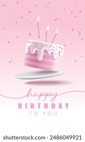 Happy Birthday celebration typography design with 3d birthday cake for greeting card, poster or banner. Vector illustration