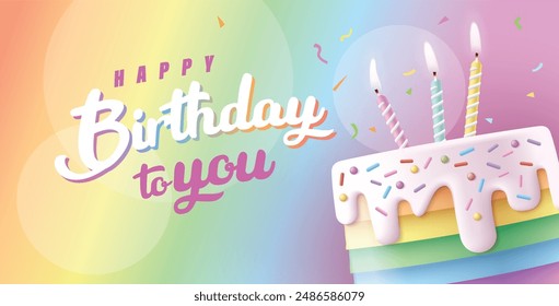 Happy Birthday celebration typography design with 3d birthday cake for greeting card, poster or banner. Vector illustration