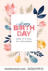 Feliz aniversário tipografia projeto abstrato arte vetor fundo. Papel de parede de luxo de estilo mínimo com flor de arte de linha dourada e folhas botânicas, aquarela. Plano de fundo do vetor