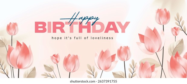 Happy Birthday celebration typography design abstract art background vector. Luxury minimal style wallpaper with golden line art flower and botanical leaves, watercolor. Vector background
