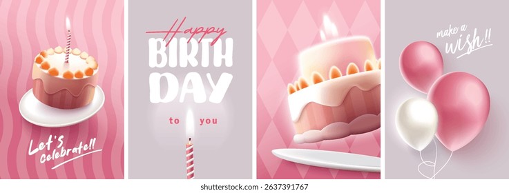 Happy Birthday celebration typography design with 3d birthday cake for greeting card, poster or banner. Vector illustration