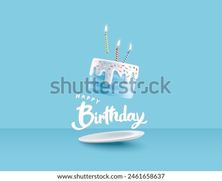 Happy Birthday celebration typography design with 3d birthday cake for greeting card, poster or banner. Vector illustration