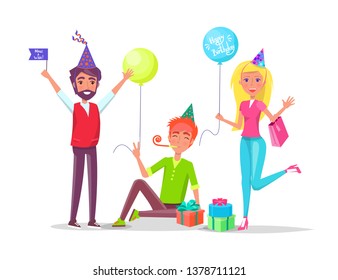 Happy birthday celebration vector, people having party. Man and woman with presents and packages with surprise. Male and female holding flags on stick