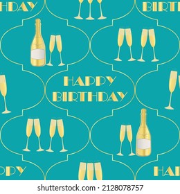 Happy Birthday celebration vector seamless Ogee pattern with hand drawn champagne bottles and glasses. Aqua blue and gold background. Fizzy drinks, 1920s font. Anniversary repeat for party, business