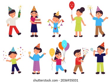 Happy birthday characters. Isolated people group, woman with cake. Adult and children celebrate, family party. Festive gifts decent vector set
