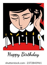 ¡Feliz cumpleaños! Una encantadora ilustración vectorial adecuada para tarjetas de felicitación, afiches o banners. Se ve a una chica soplando velas en su tarta durante su celebración.