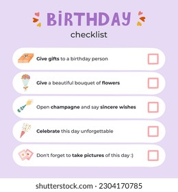 Happy Birthday checklist about party, celebration, holiday with cute hand drawn illustrations. Reminder of what to do at the anniversary or birthday party. Checklist is perfect for planner, notebook.