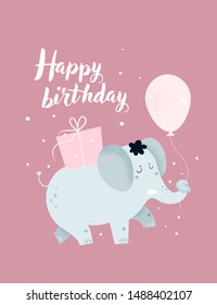 Happy birthday childish card, poster template with cute baby elephant and gift boxes. Cartoon kids scandinavian vector illustration character. For print, textile, decoration, souvenir, invitation