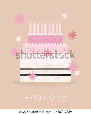 Happy Birthday. Childish Birthday Vector Card. Pastel Pink Cake With Candles and Confetti Rain on a Light Beige Background. Infantile Drawing-like Print for Birthday Wishes. RGB Colors.