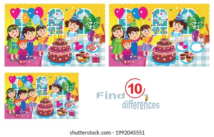 Happy Birthday. Children congratulate a friend on her birthday. Find 10 differences. Children's educational game.