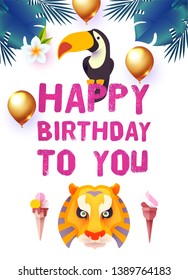 Happy Birthday! Children Event. Tropic and Exotic Party, Cute Animals. Vector illustration