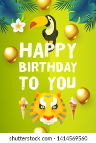 Happy Birthday! Children Event. Tropic and Exotic Party, Cute Animals. Vector illustration