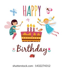 Happy birthday - children greeting card with cute fairy girls with magic wands flying over party cake with lit candles, butterfies and birds, hand drawn vector illustration on white background
