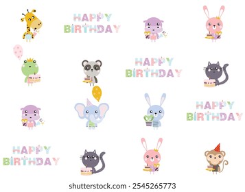 happy birthday children's card with cute characters, wrapping paper texture