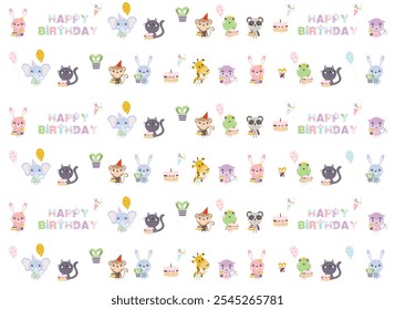 happy birthday children's card with cute characters, wrapping paper texture