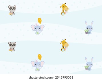 happy birthday children's card with cute characters, wrapping paper texture