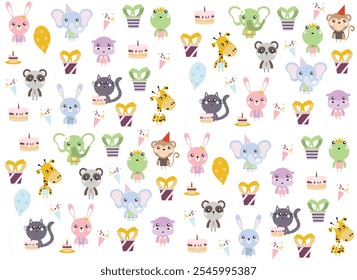 happy birthday children's card with cute characters, wrapping paper texture