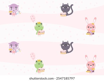 happy birthday children's card with cute characters, wrapping paper texture