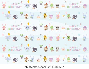 happy birthday children's card with cute characters, wrapping paper texture