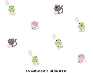 happy birthday children's card with cute characters, wrapping paper texture