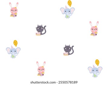 happy birthday children's card with cute characters, wrapping paper texture