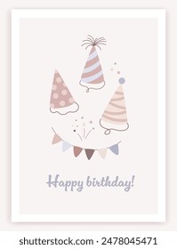 Herzlichen Glückwunsch zum Geburtstag, den zauberhaften Elementen für Kinder . Geburtstag trendige Grußkarte im flachen Design. Nette Kappen Illustration. Poster, Banner oder Partyeinladung. Cartoon-Design. Vektorillustration.
