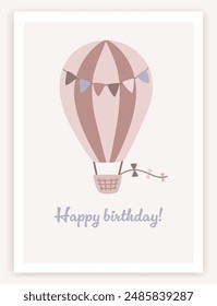 Happy birthday children's magic elements . Birthday trendy greeting card in flat design. Cute air balloon illustration. Poster, banner or party invitation. Cartoon design. Vector illustration.
